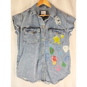 STOOSH Vintage Denim Sleeveless Jacket Blue Hand Painted Size‎ M